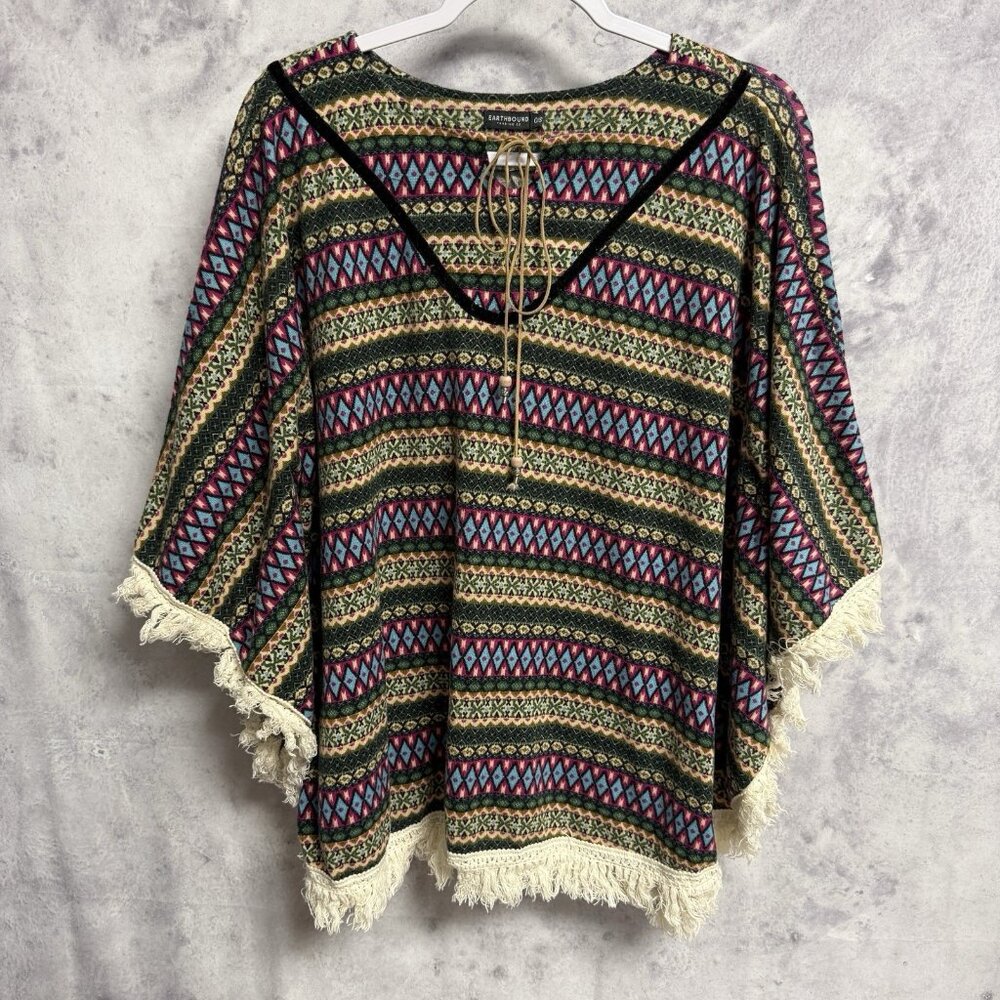 Earthbound Trading Co Fringe Poncho Shirt Womens One Size